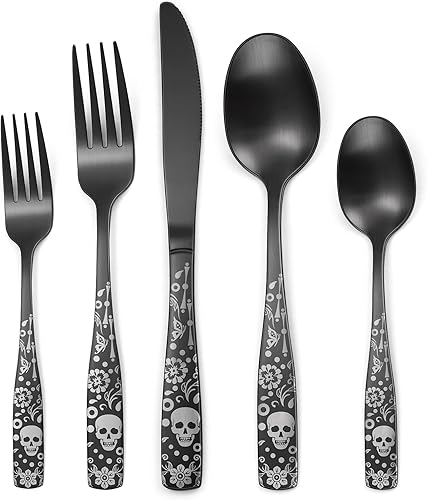 Juego de cubiertos negros con diseño de calavera para 4, juego de cubiertos de acero inoxidable mate de 20 piezas, diseño único de esqueleto de
