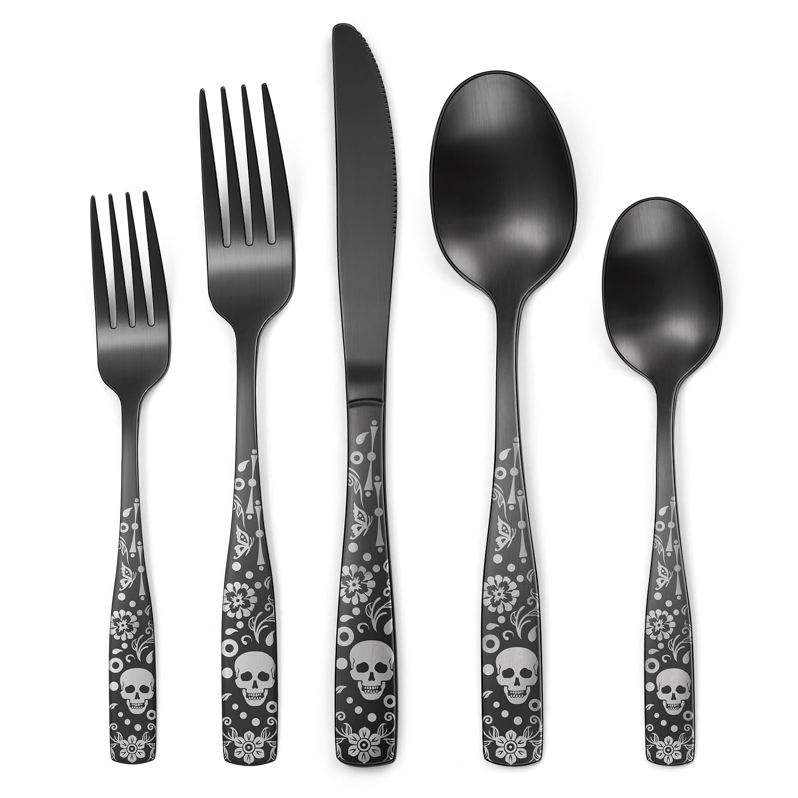 Skull Pattern Black Silverware Set for 4,OIULO 20-Piece Stainless Steel Matte Flatware set,Skeleton Flower Bat Unique Design,Satin Finish,Gothic Knive Fork Spoon Cutlery Daily Halloween Party Event