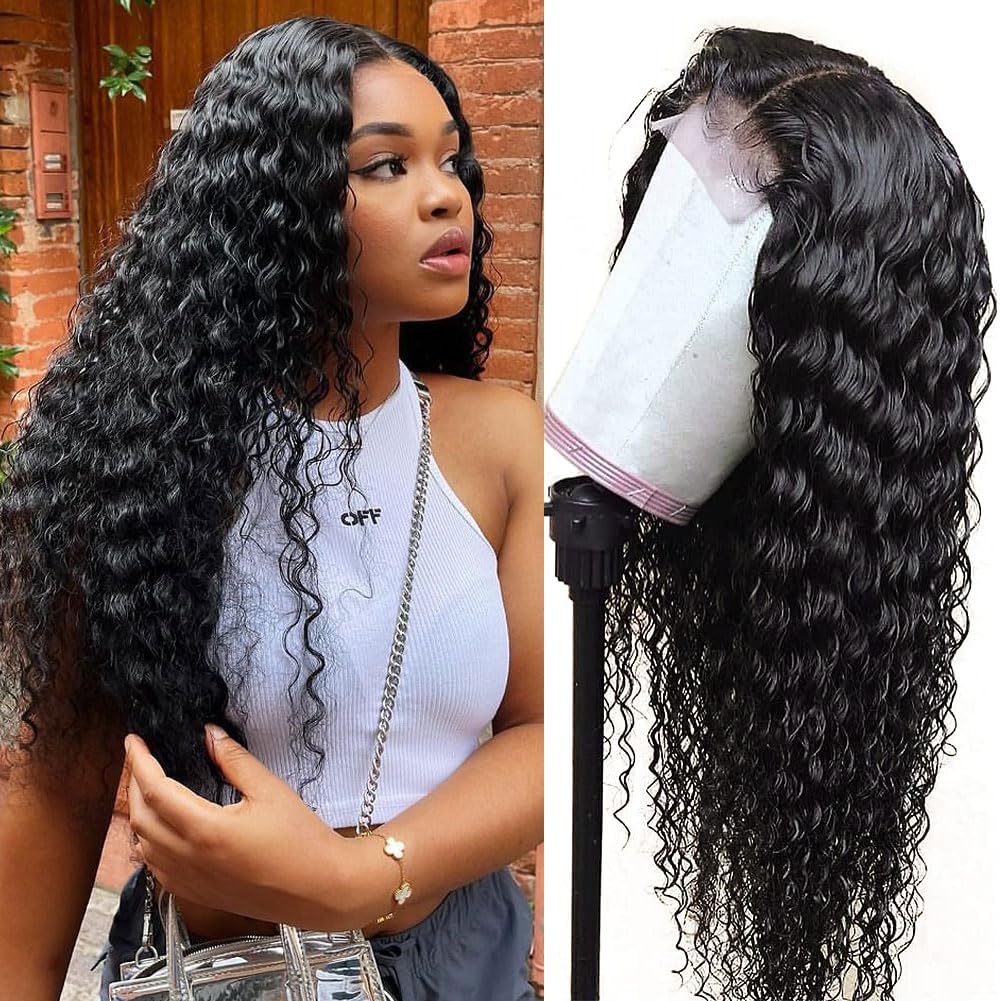 4x4 Lace Closure Wigs Brazilian Curly Lace Front Wigs Wet Wavy Human Hair Pre Plucked Hairline with Baby Hair Glueless Deep Wave Peruvian Virgin Human Hair Wigs for Black Women 24 Inch