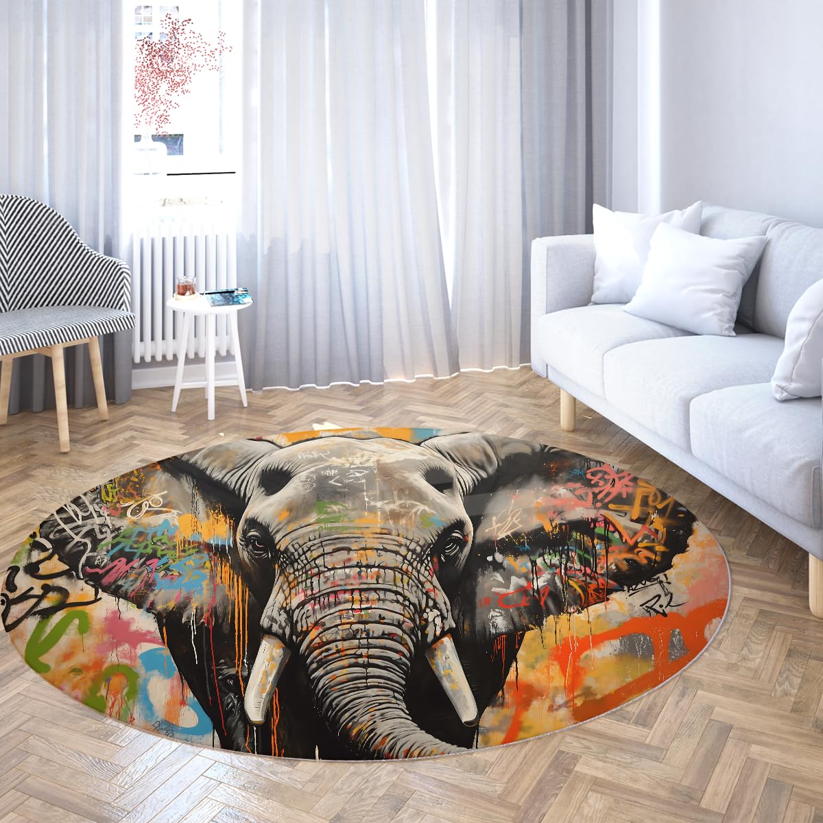 Tapis de sol rond enfant graffiti éléphant multicolore 180cm à poils ras