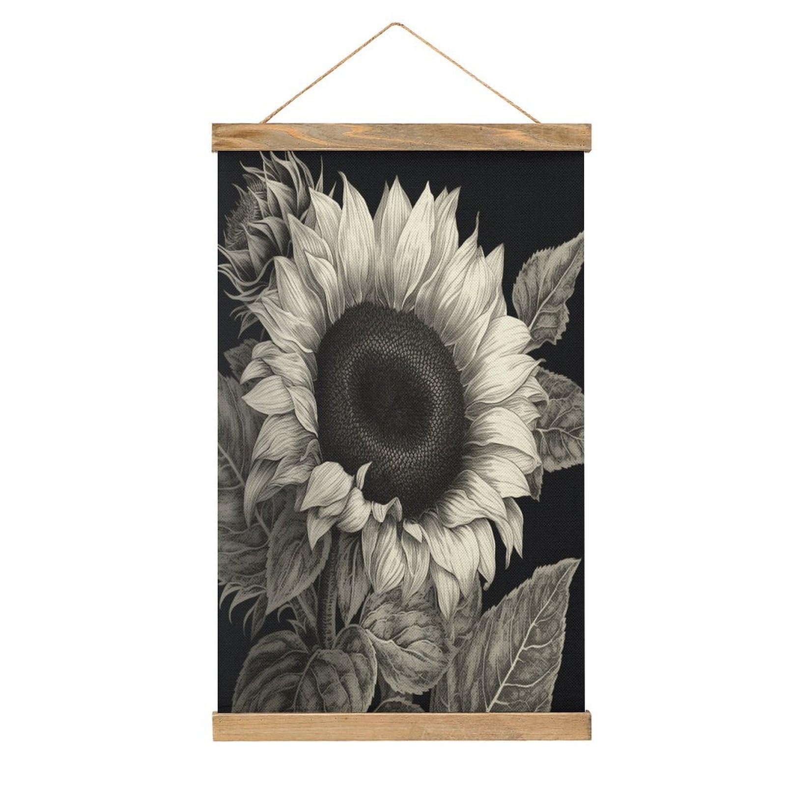 VstaDank Sunflower Black Grey Hanging Poster with Wooden Frame Modern Linen Hanging Painting Retro Style Wall Decor Art Painting for Living Room,Bedroom Decor Poster Frame 20.4x13.1inch