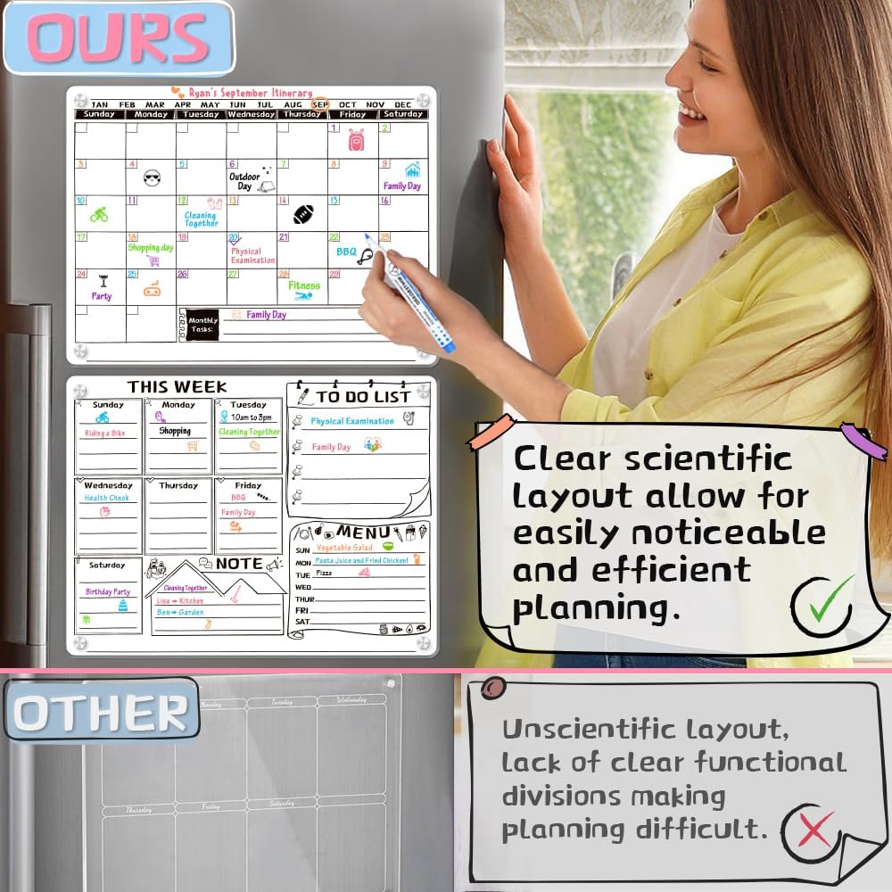 Acrylic Magnetic Whiteboard for Fridge, Acrylic Calendar for Fridge, Dry Erase White Board for Fridge Monthly and Weekly Calendar - 16"x12" Size- Includes 6 Color Dry Erase Marking