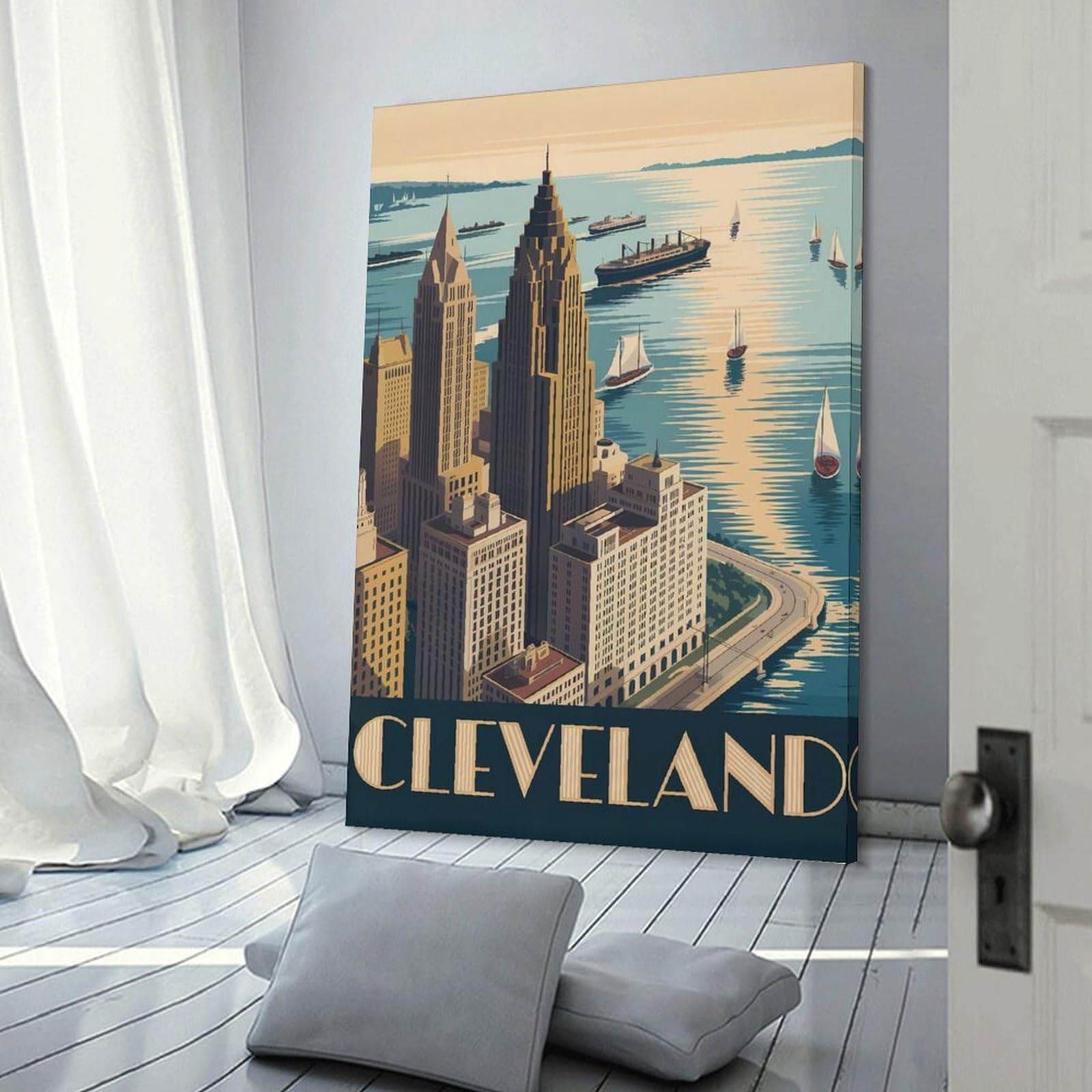 Junmoney Frame-Style-23 Wall Picture Print Cleveland Cityscape Art Deco Style, 12X18inch(30X45cm), For Living Room, Bedroom, Office Or Hallway, A Flexible Wall Accent For Shared Spaces