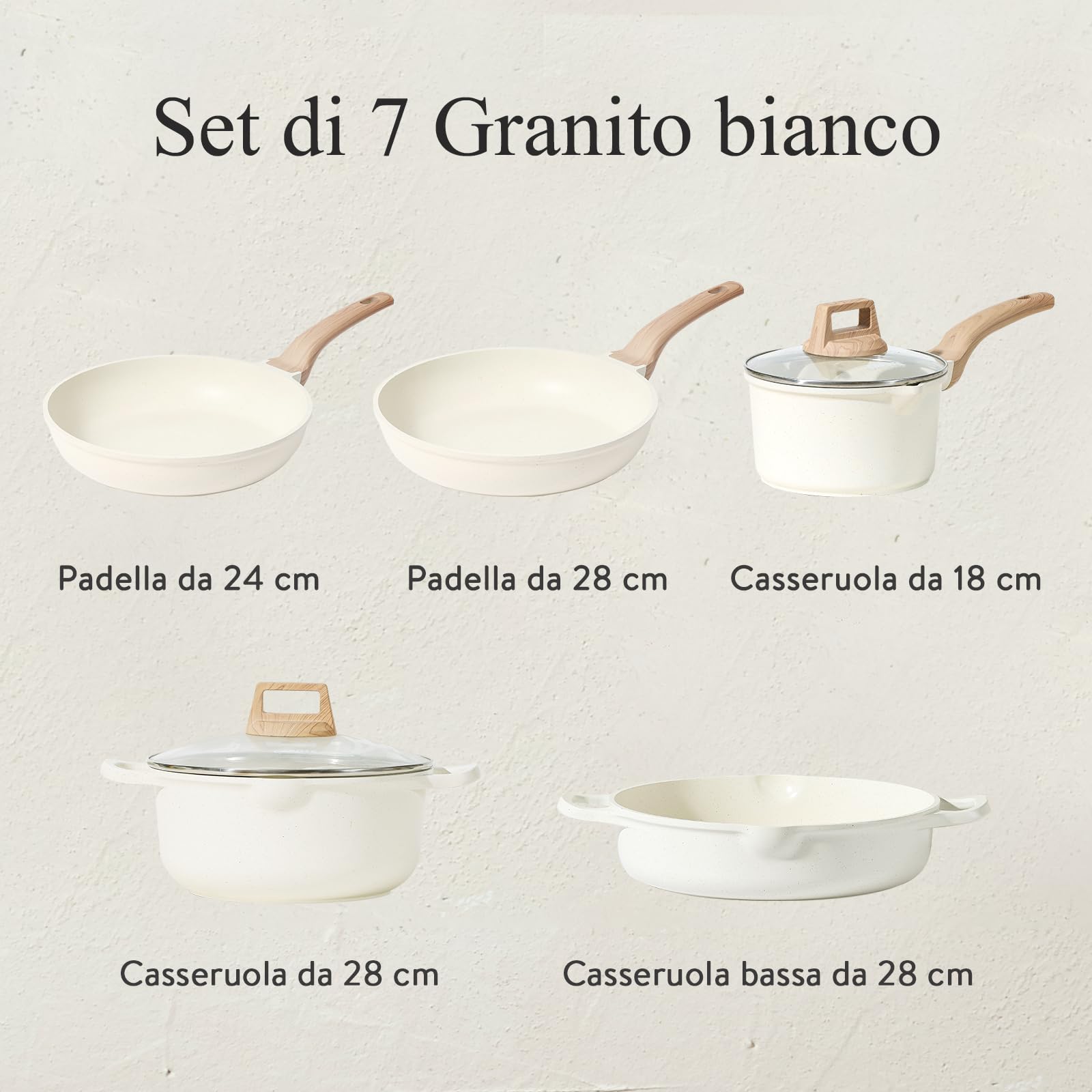 CAROTE Batteria di Pentole 7 Pezzi,Padella 28/24cm, Casseruola 18cm/2.4L,28cm/3.8L/6.7L Casseruola con Coperchi Per Forno, Padelle Rivestimento Antiaderenti Per tutti tutti i piani cottura