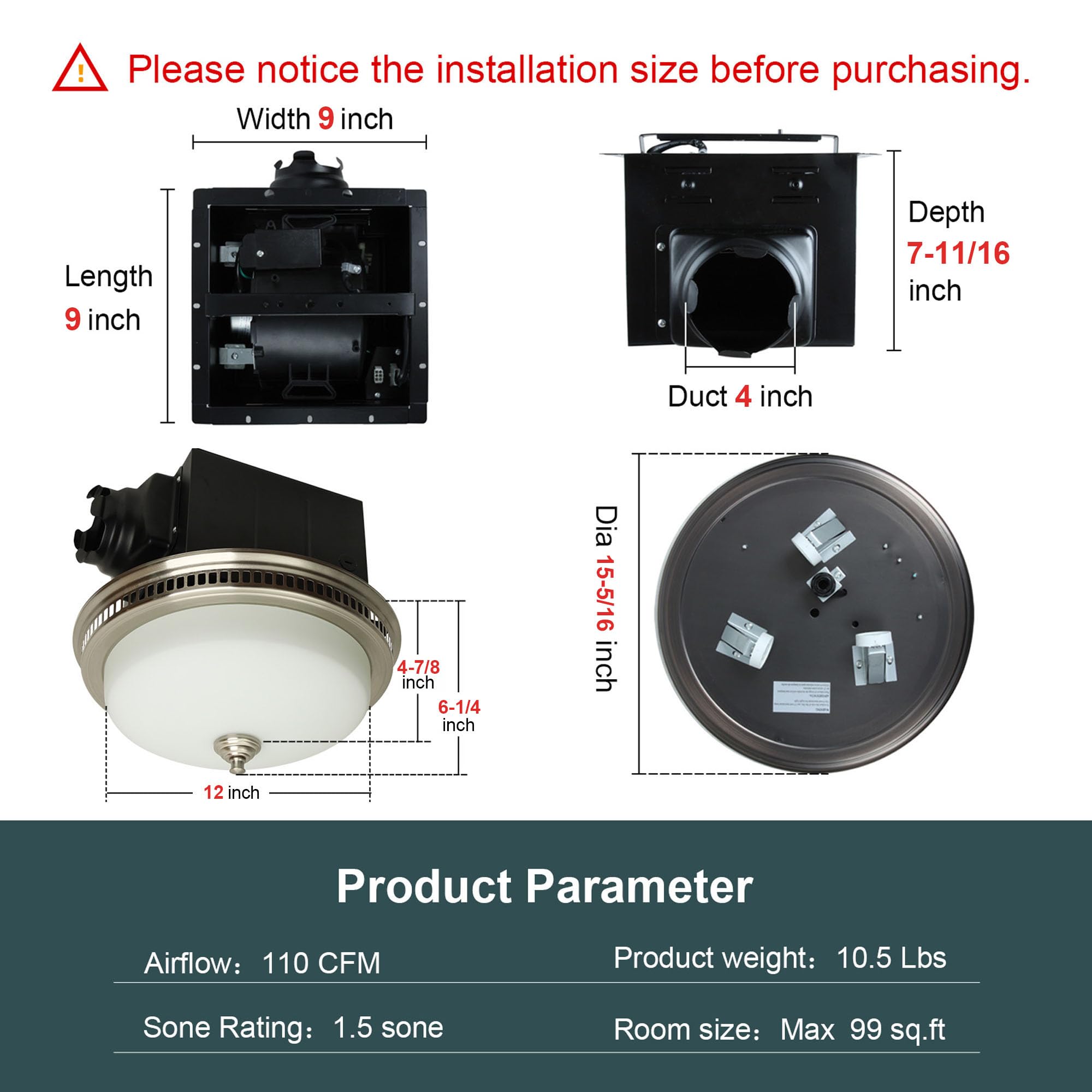 Akicon Bathroom Exhaust Fan with Light, Ultra Quiet 110 CFM 1.5 Sones Ventilation Exhaust Bathroom Fan Light Combo and Nightlight, 3 Years Warranty (Brushed Nickel)