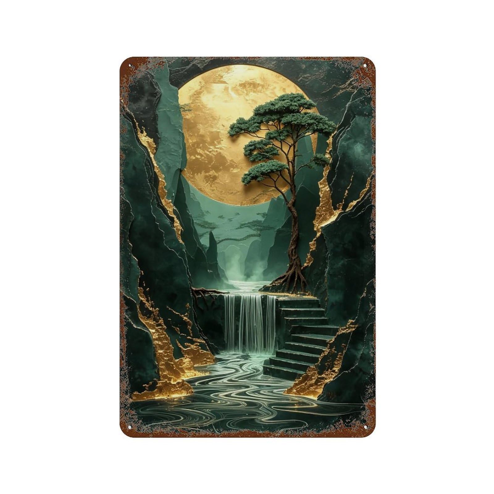 WIHYRTUI Gilded Relief Oriental Pine Golden Moon Waterfall 03 Wall Retro Iron Metal Tin Sign Vintage Art Poster Modern Home Cofffee Club Art Bar Shop Decor Style 30x20cm