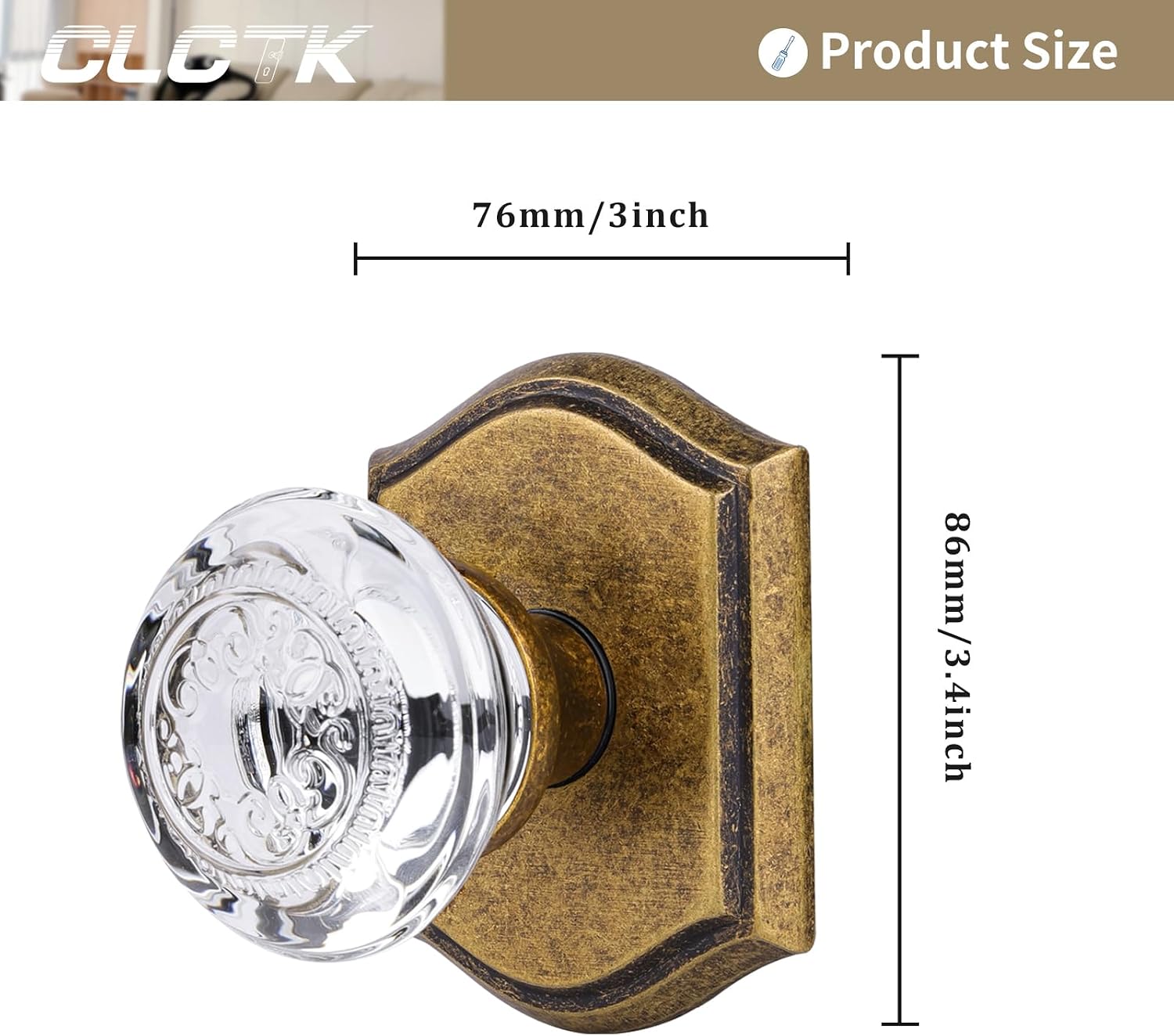 Crystal Glass Dummy Door Knob, Hall and Closet Antique Brass Dummy Door Handles Non-Turning Single Side, 2 Pack