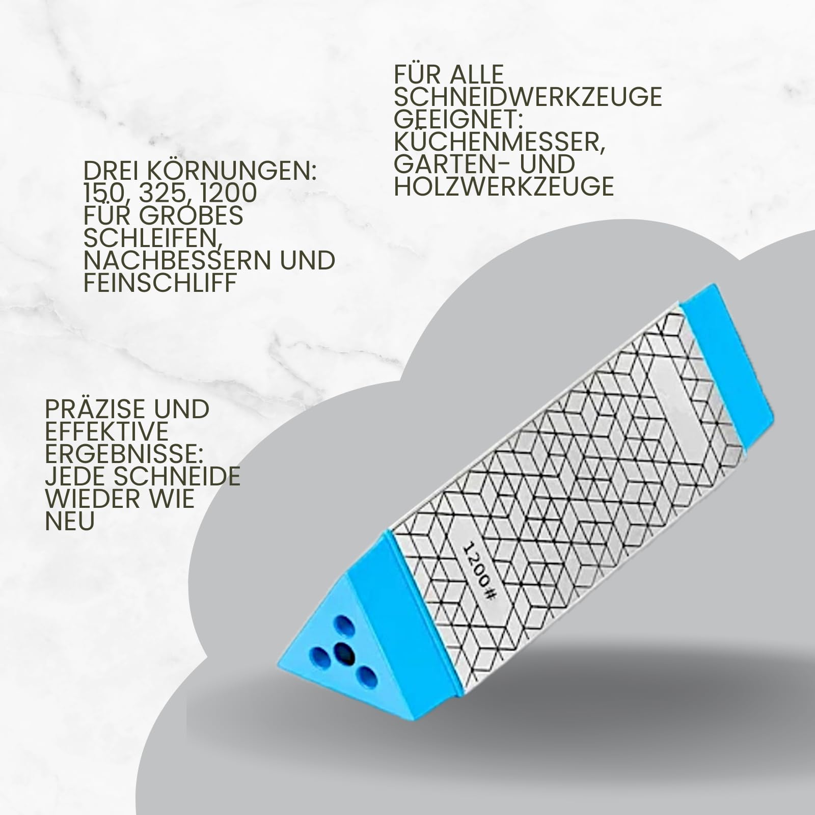 Dreiseitiger Diamant-Schleifstein – Hochwertiger Messerschärfer für Grob- & Feinschliff – Diamant Messerschleifer für Messer & Scheren – Wetzstahl mit 150/325/1200 Körnung