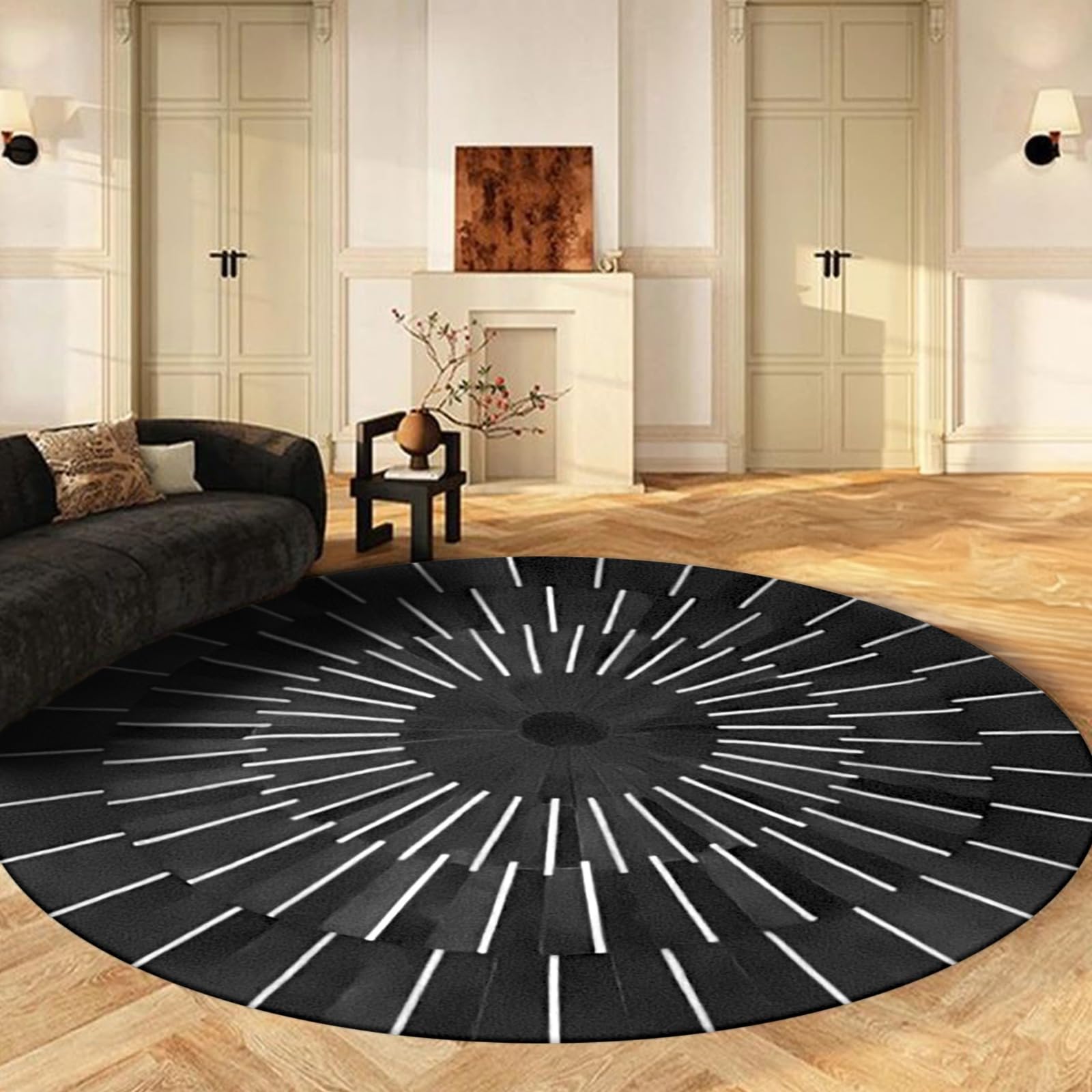 Jazzlyn Emporio Cowhide Hairon Leather Round Rug Long Striped Black Rug Handmade Leather Area Rugs for Living Room, Bedroom & Hall (5x5 ft)