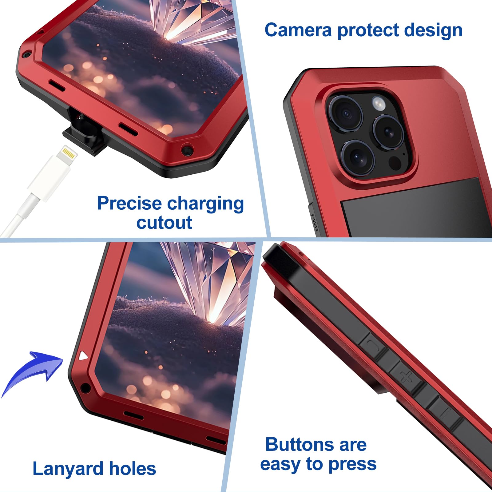 Estuche para iPhone 16 Pro Max/16 Pro/16 Plus/16, Resistente, a Prueba de Golpes, Marco de Metal con Protector de Pantalla Incorporado, Compatible con Carga Inalámbrica