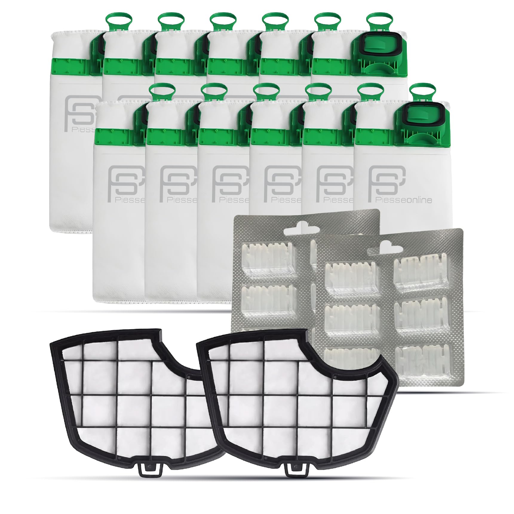 Kit Risparmio 12 Sacchetti Folletto VK140 con Profumatori 12 pezzi, 2 Filtri Griglia Motore, | Ricambi Compatibili per Folletto VK140 | Soluzione Tutto-in-Uno per Casa Sempre Pulita e Ordinata