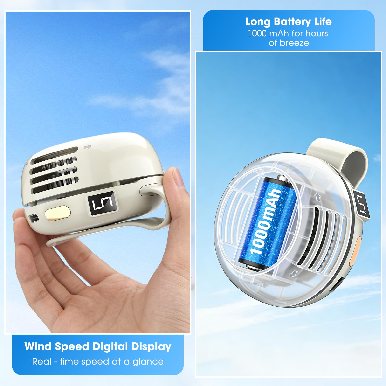 Mini ventilatore portatile silenzioso senza pale, con clip, ricaricabile tramite USB, girevole a 360°, 2026, regolabile, 3 velocità, sospeso, ventole di raffreddamento per esterni, viaggi e