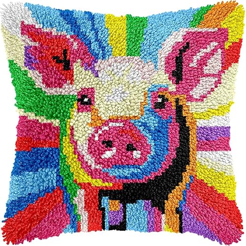 Wallustrioaw Latch Hook Kits Latch Hook Cushion Kits A Colorful Animal Pig,Diy Latch Hook Kits Pillow Printed Cushion Embroidery Needlework Craft Embroidery Kit,17X17inch