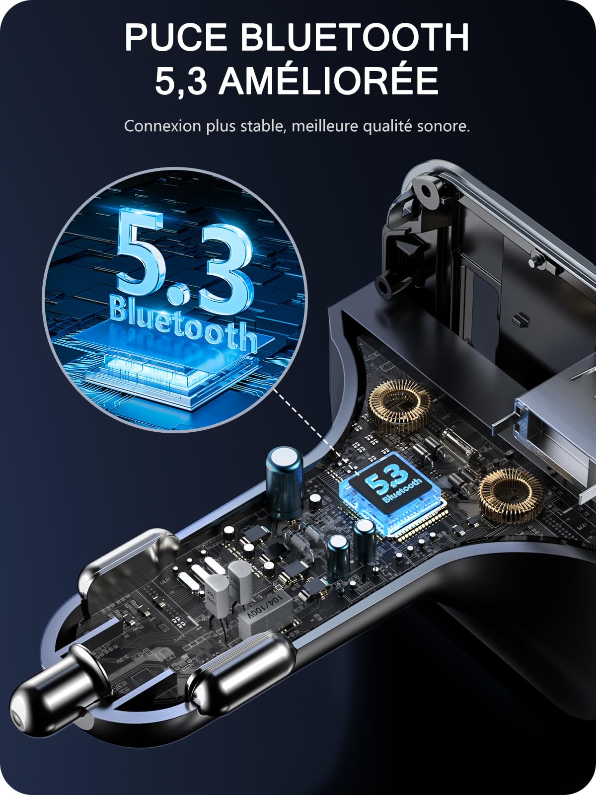 LENCENT Transmetteur FM Allume Cigare Bluetooth 5,3 avec réglage des aigus et des Basses Émetteur FM Radio appels Mains Libres, Chargeur Rapide de Voiture PD 20W & QC3,0, Siri Google Assistant
