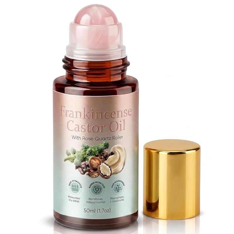 Óleo de rícino orgânico em roll-on com esfera de quartzo rosa e frankincense, prensado a frio, 50 mL