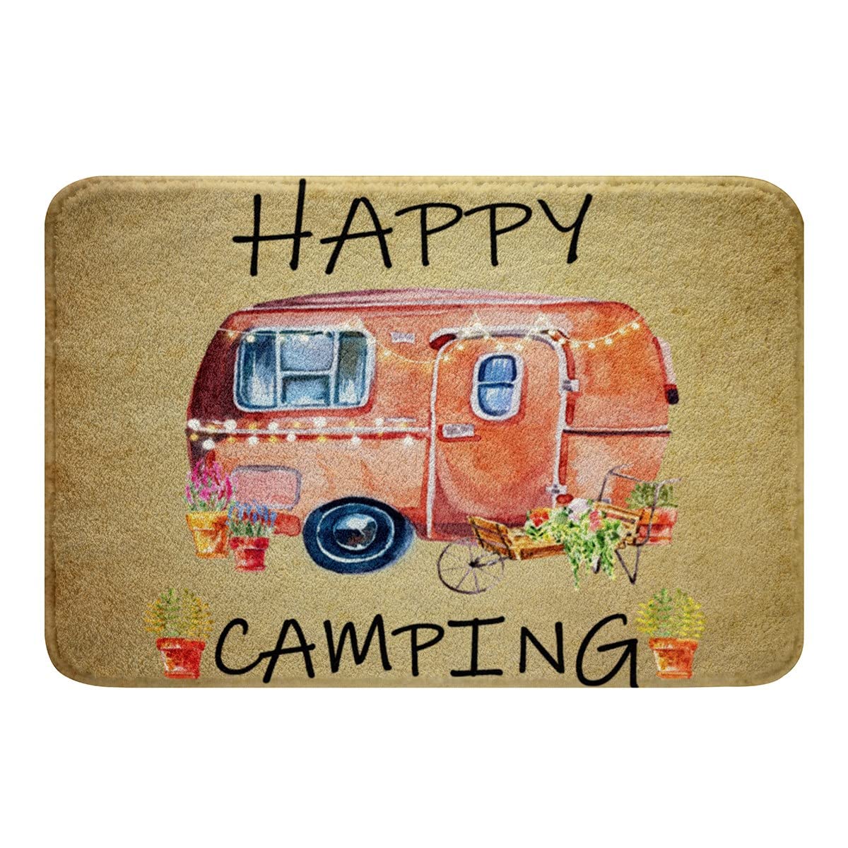 Wasserfarbene Camper Badematte rutschfest 40 x 60 cm Happy Camping Badezimmerteppich für Wohnmobil niedlicher rustikaler Bauernhaus Badeteppich Retro Reise Camper Fußmatte Plüsch Shaggy Teppich