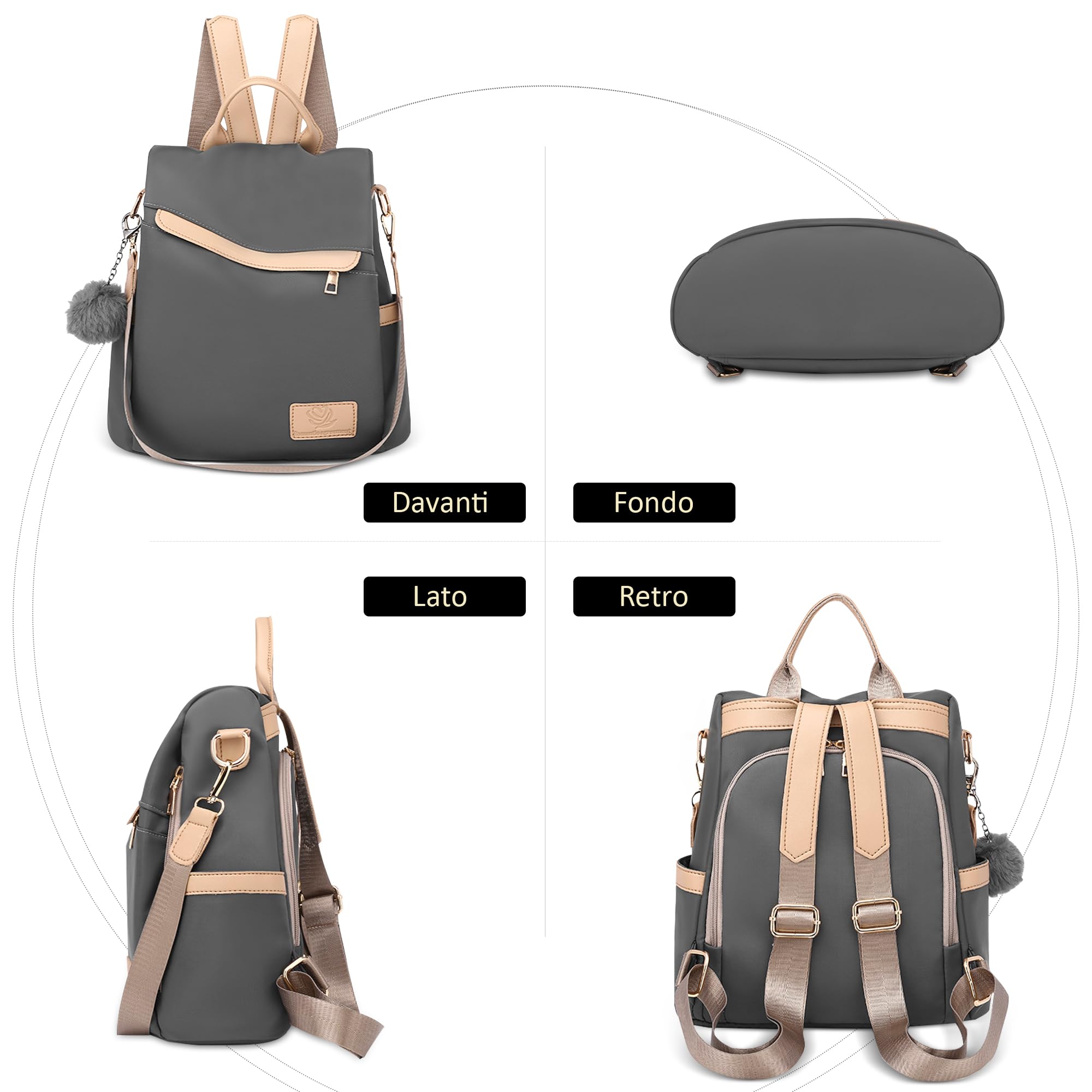 Zaino Antifurto Donna, Zainetto Piccolo Impermeabile Leggero con Tasca Posteriore di Sicurezza — Borsa Zaino Donna Casual per Lavoro, Viaggio e Quotidiano Grigio