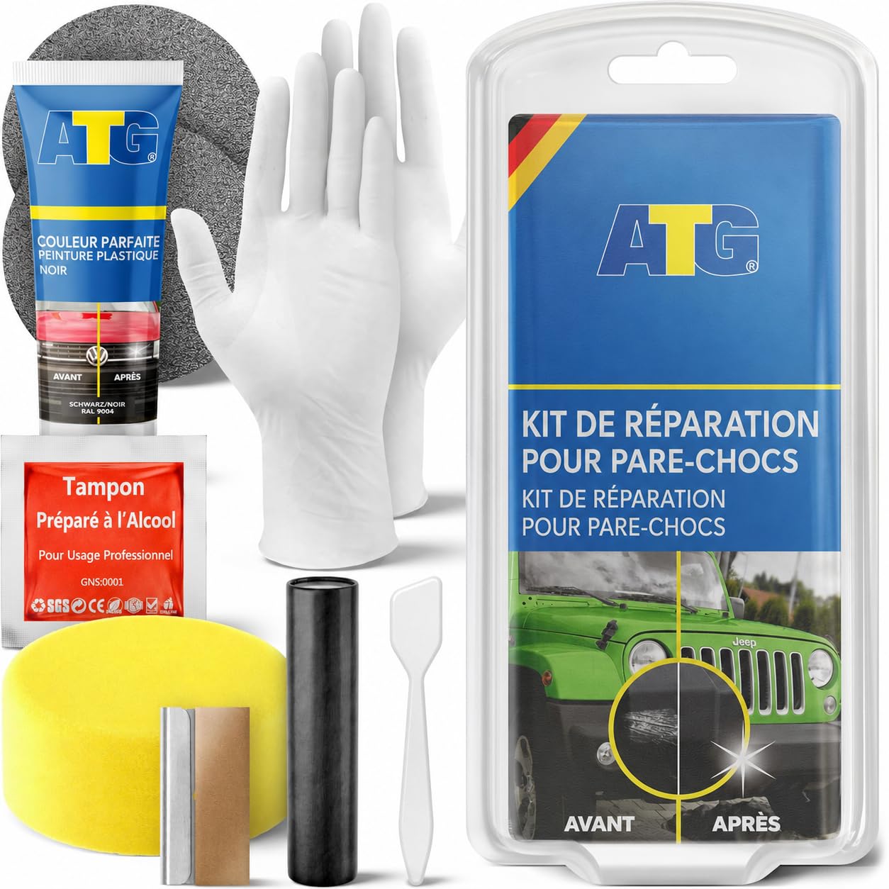 ATG® Kit Réparation Pare Choc Noir – Efface Rayure Plastique, Rénovateur Plastique Extérieur, Peinture Plastique Noir & Mastic Réparation