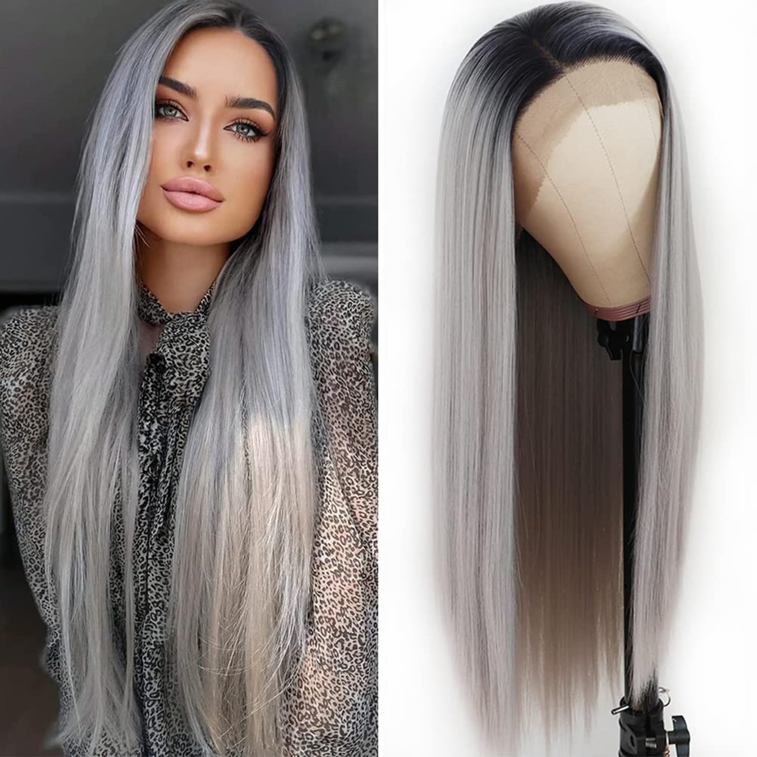 Lezaxiu Gray Lace Front Wig Long Straight Hair Wigs Ombre Grey Wig Heat Resistant Fiber Hair Synthetic Lace Front Wigs for Fashion Women 24 Inch