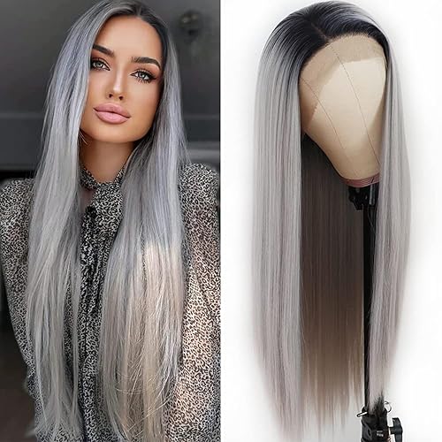 Miniatura 8 de Lezaxiu - Peluca de encaje frontal de pelo sintético largo y lacio, para mujeres negras, fibra de pelo resistente al calor, sin pegamento, densidad