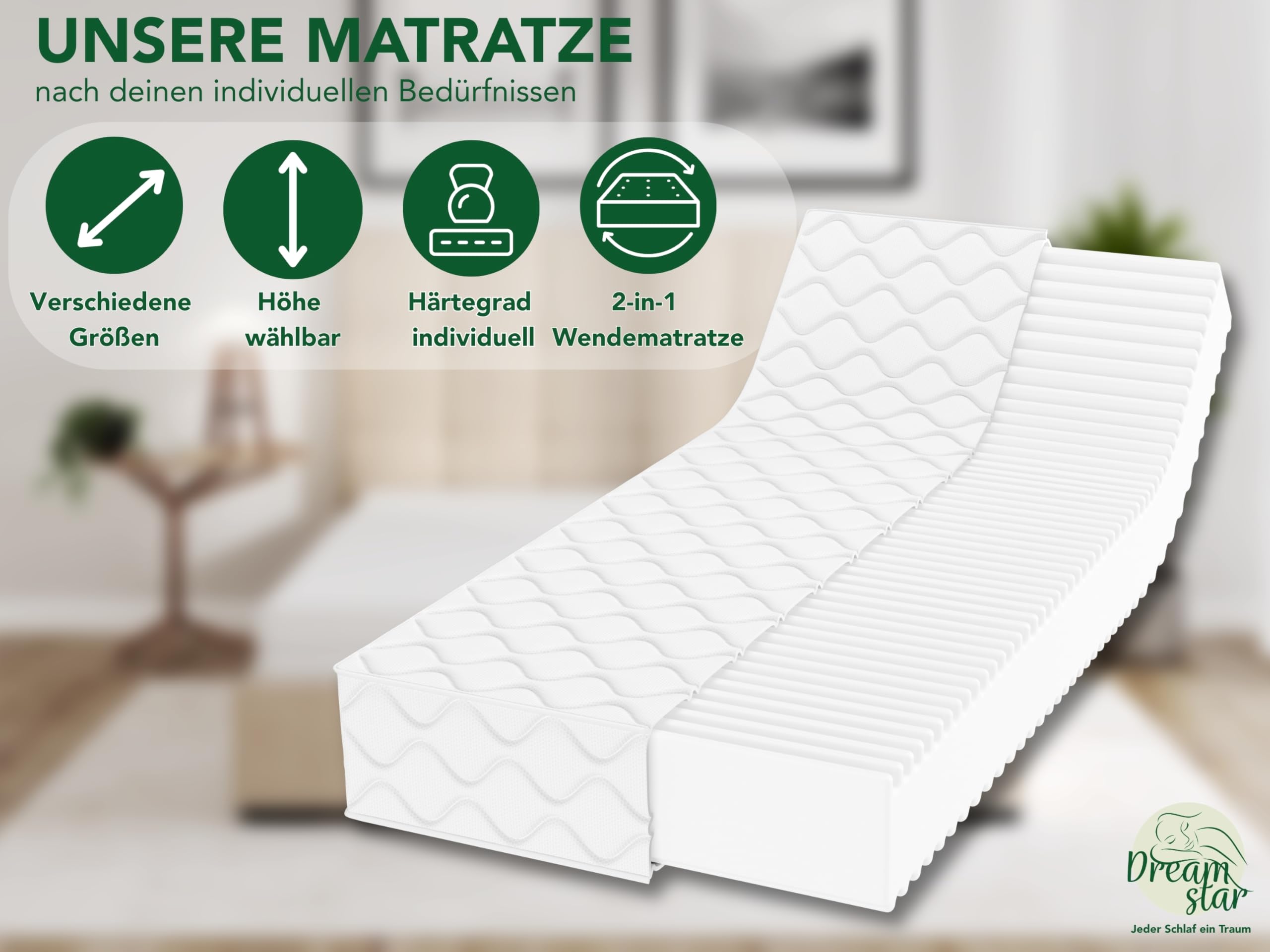 DREAMSTAR Ergo Flex XXL Duo 7-Zonen Matratze 140x200 cm | H2&H3 | Ergonomische Kaltschaummatratze | Hypoallergen & Antibakteriell | Bezug abnehmbar & waschbar | Öko-TEX® | (22cm, 140 x 200 cm)