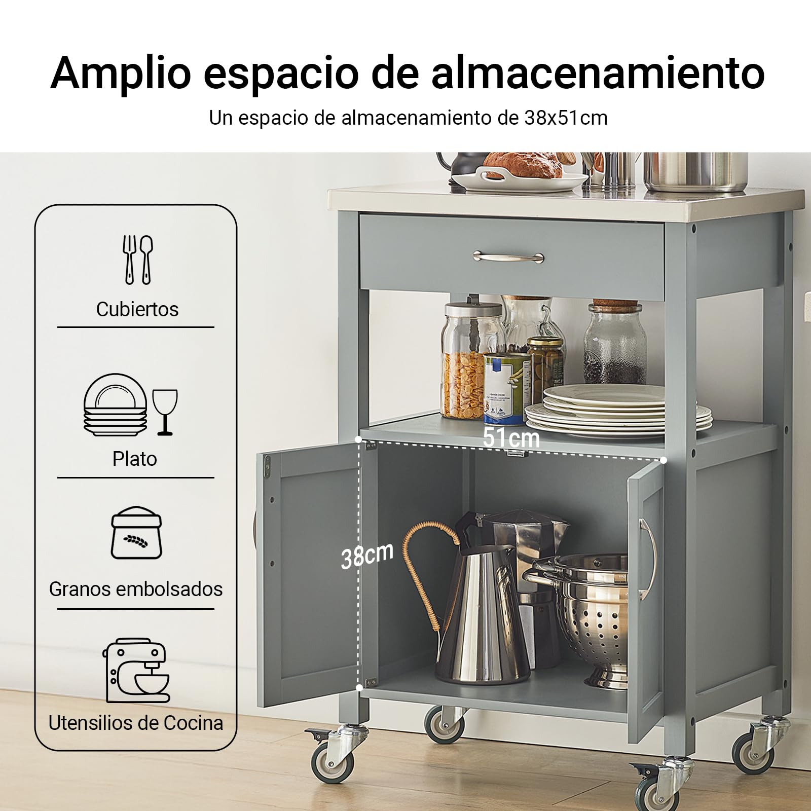 SoBuy Carrito Cocina con Ruedas, encimera INOX & 4 Ruedas, 60x92x44cm | Mueble Auxiliar con cajón, estante abierto & armario de 2 puertas, compacto, MDF, cocina & exterior & dormitorio, FKW22-HG