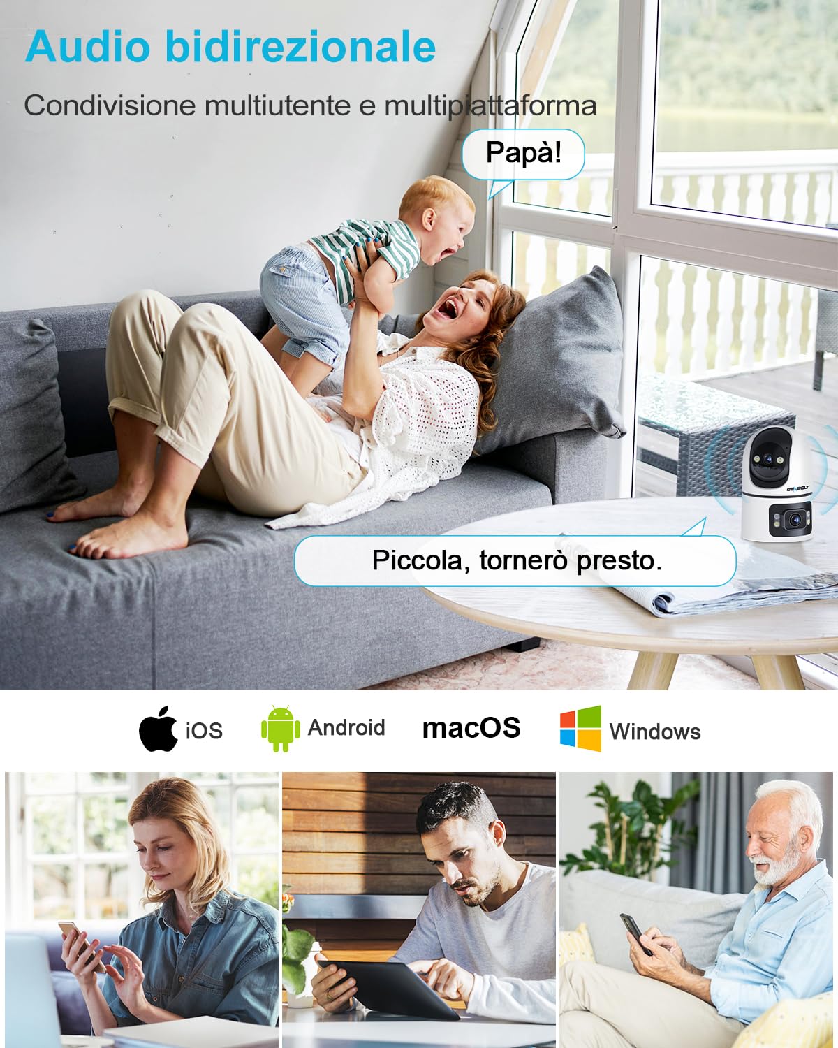 GENBOLT Telecamera di Sicurezza Wi-Fi Per Interni, Videocamera per neonati | 2MP+2MP, Vista a 360°, Rilevamento tramite IA, Baby Monitor, Audio bidirezionale, Tracciamento automatico, 2.4&5GHz