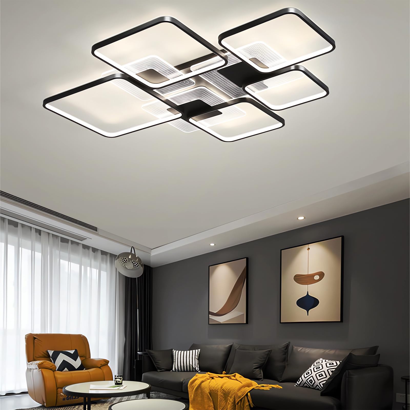 Nowoczesna lampa sufitowa LED Ściemnialna lampa sufitowa do jadalni Lampa do salonu z pilotem Podtynkowe oświetlenie sufitowe do salonu Sypialnia Kuchnia Biuro Przedpokój (Czarny, 91CM)