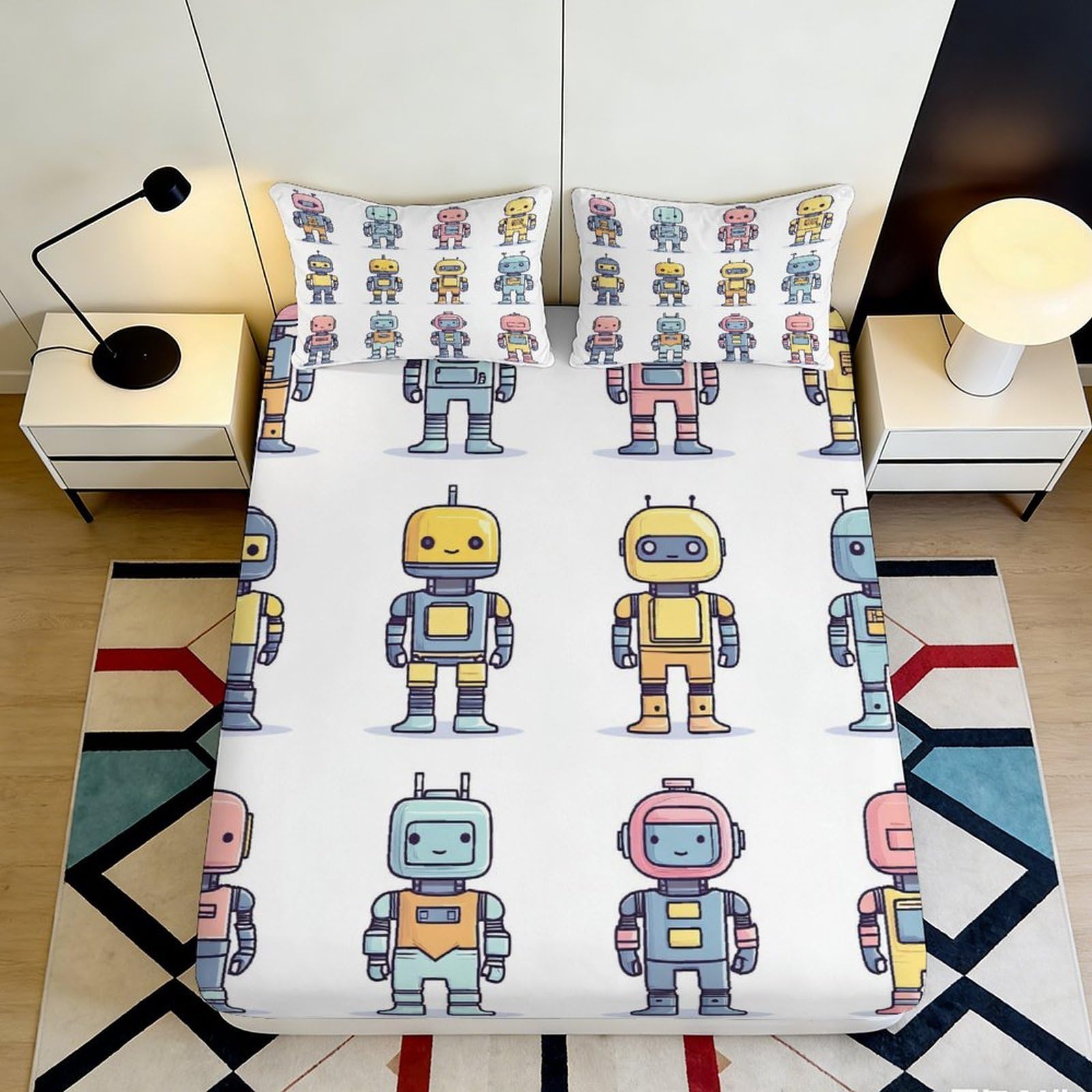 3D Printed Colorful Robot Fitted Sheet Microfiber Soft Breathable Retro Cartoon Mattress Cover for Bedroom Dorm Decor 90x200x25cm