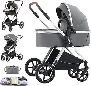 Shineey 3 in 1 Baby Stroller with Height Adjustable Handle,3 in 1 Prams Travel System, Lightweight Foldable Pushchair, Prams with Aluminum Frame for Portable Baby Carriage