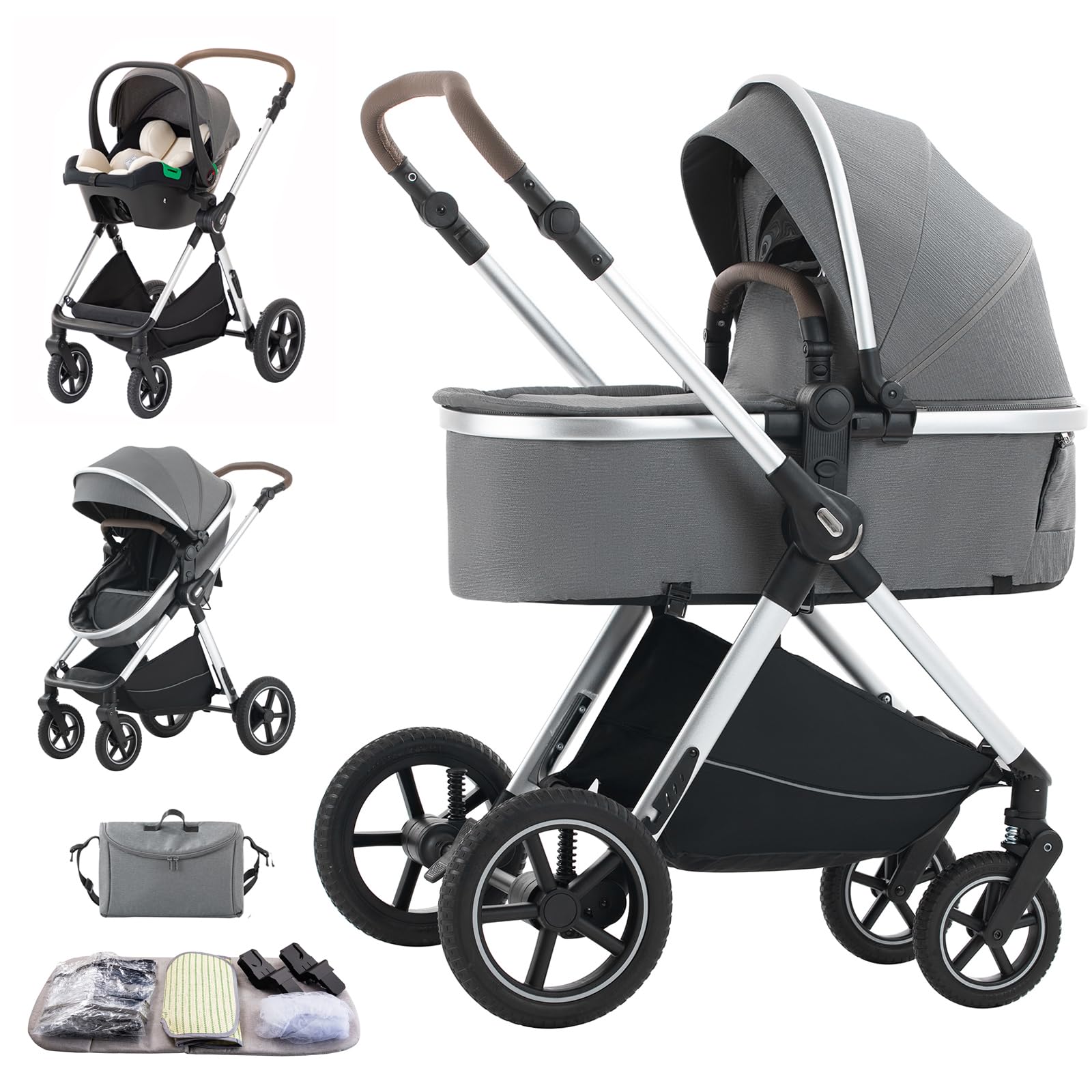 3 in 1 Baby Stroller with Height Adjustable Handle,3 in 1 Prams Travel System, Lightweight Foldable Pushchair, Prams with Aluminum Frame for Portable Baby Carriage