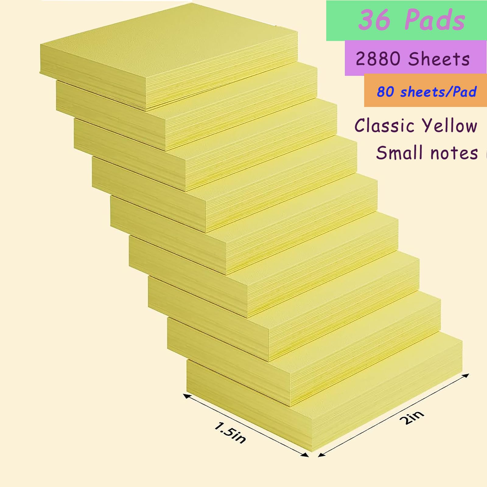 Lot de 36 mini blocs de notes adhésives 3,8 x 5,1 cm, 80 feuilles/bloc, jaune basique
