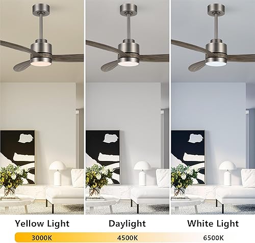Miniatura 3 de Ventilador de techo de madera de 52 pulgadas con luces y control remoto, 3 aspas y motor CC reversible de 6 velocidades, ventilador de techo moderno