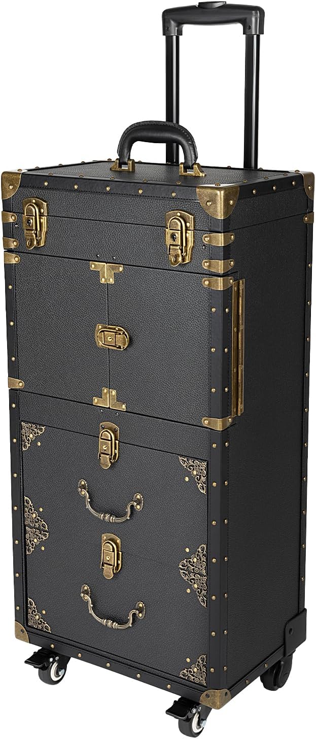 Rolling Makeup Case, 3 Tiers Professional Hairdressing Case with Hair Dryer Holder Combination Locks and Keys Cosmetology Case on Wheels for Nail Salons, Hairstylists, Black