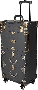 Rolling Lockable Makeup Train Case,Large Cosmetic Organizer Train Case Makeup Travel Case with 360 Swivel Wheels, Trolley Makeup Travel Organizer,Black