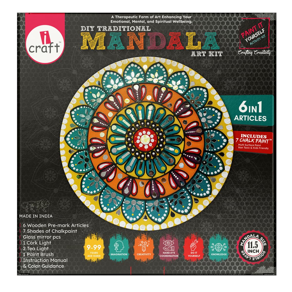 iCraft DIY Mandala Art Kit for Adults & Kids 12-15 - All-Inclusive Mandala Art Kit with Pre-Marked MDF Boards, Vibrant Chalk Paints, Fine Brushes, Mirror Beads & Fairy Lights, Brown