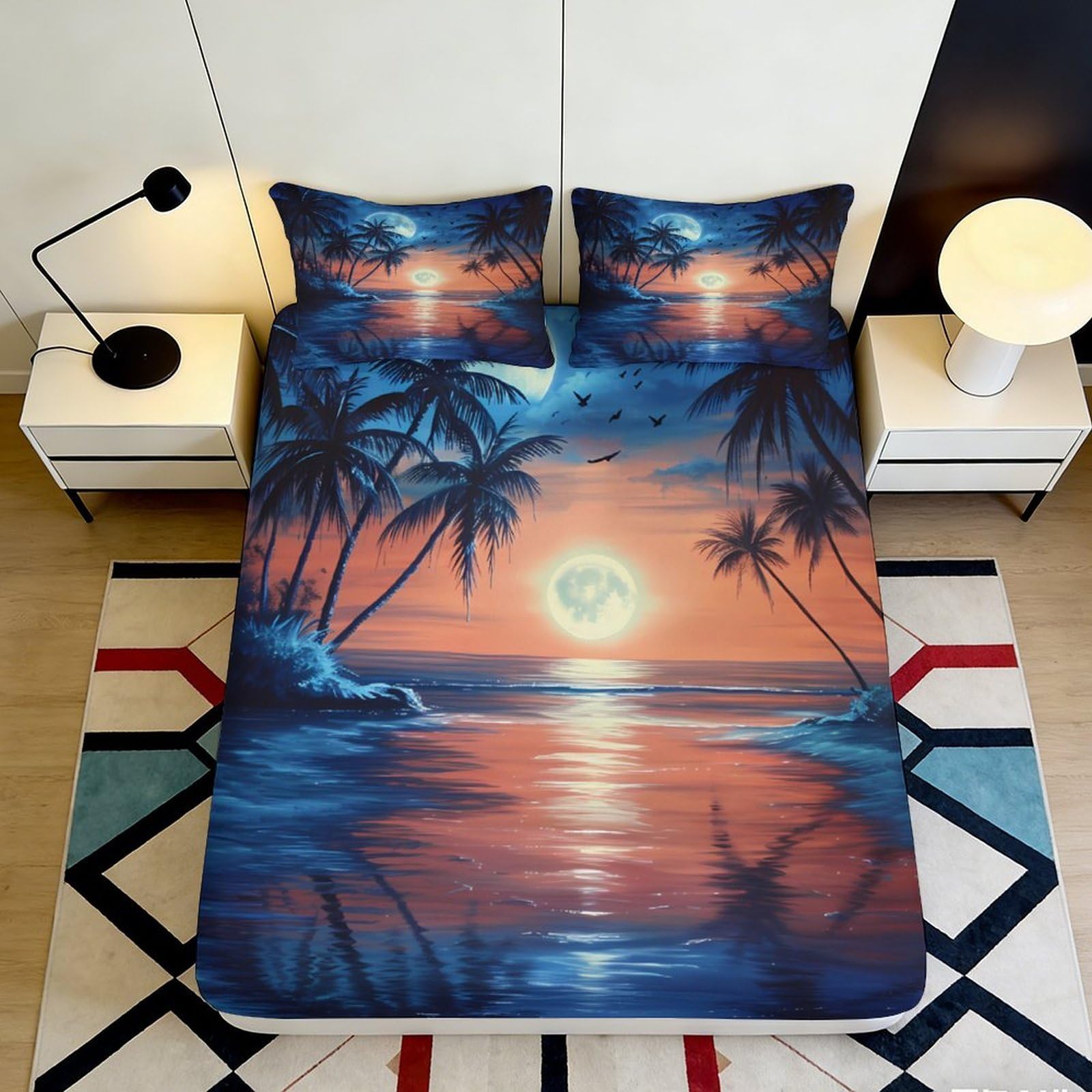 3D Printed Sunset Beach Fitted Sheet Microfiber Soft Breathable Palm Ocean Bed Cover for Bedroom Guestroom Decor 90x200x25cm