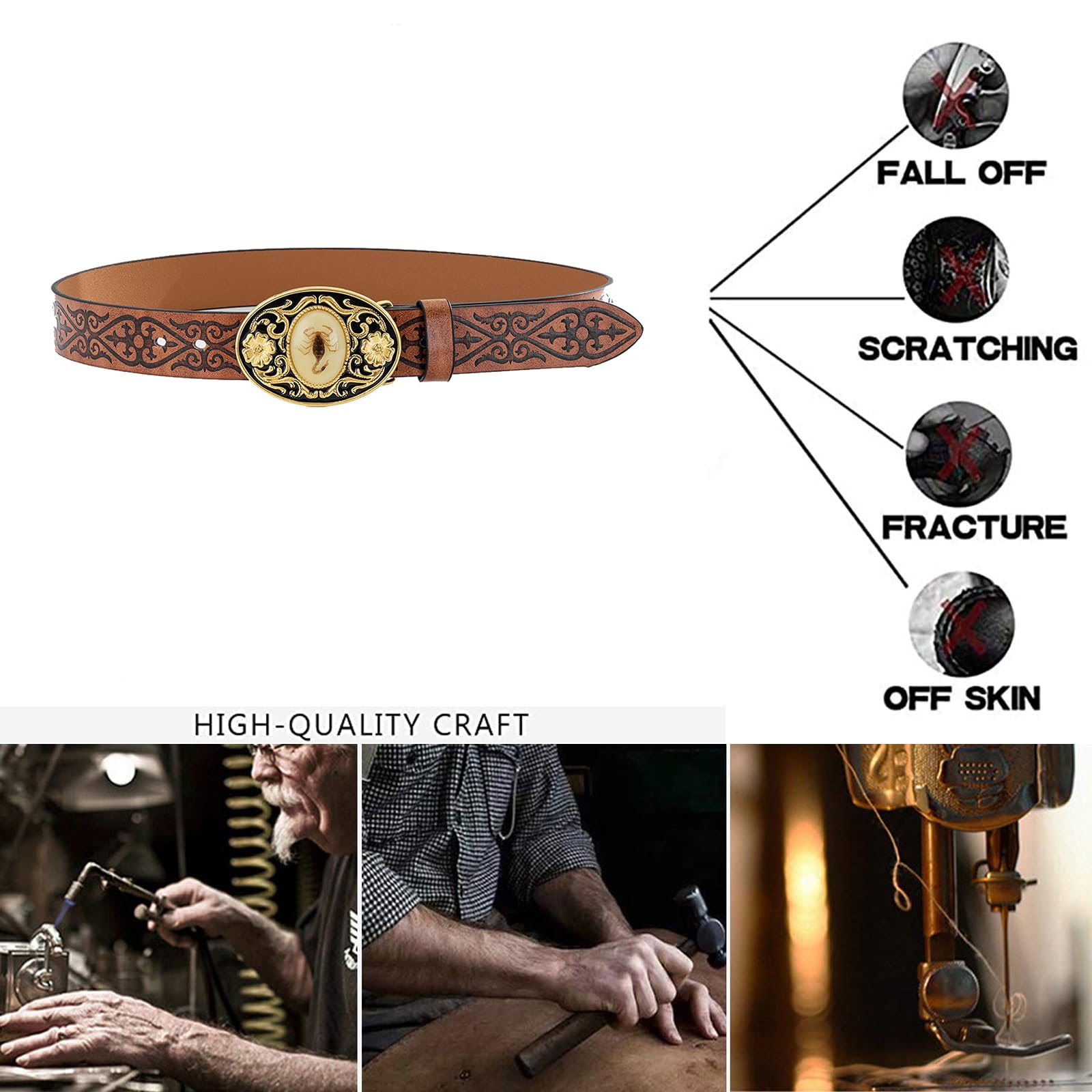 pasek, Paski z klamrą 3D wytłoczonym kamieniem świecącym, skorpion, szerokość 38 mm, do spodni jeansowych i eleganckich, dla mężczyzn kobiet