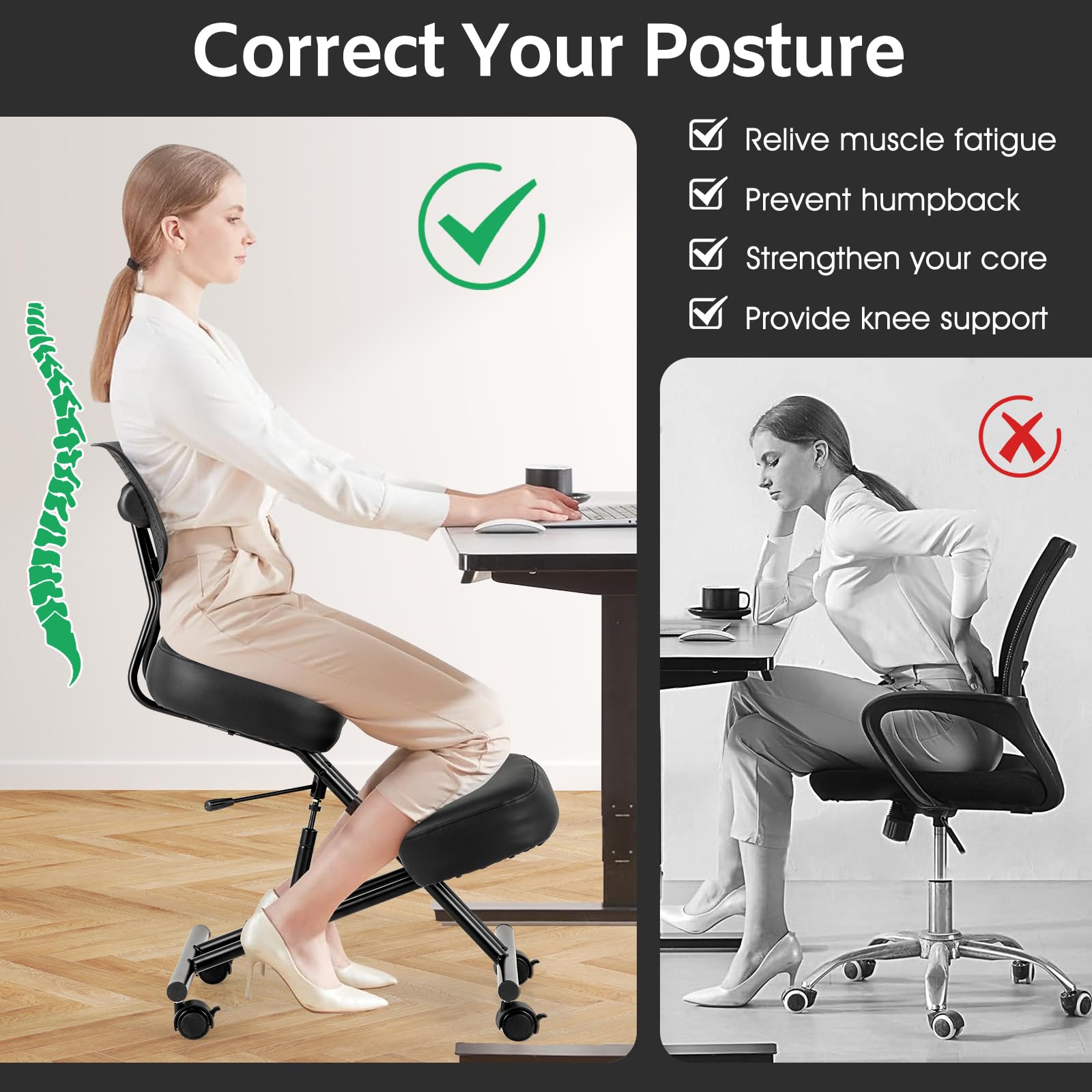 HOMASIS Genouillère Ergonomique, Tabouret à Genoux avec 4 roulettes & Freins, réglable en Hauteur, Chaise de Bureau avec Coussin d'assise épais, Pouf orthopédique Chaise d'ordinateur (avec Dossier)