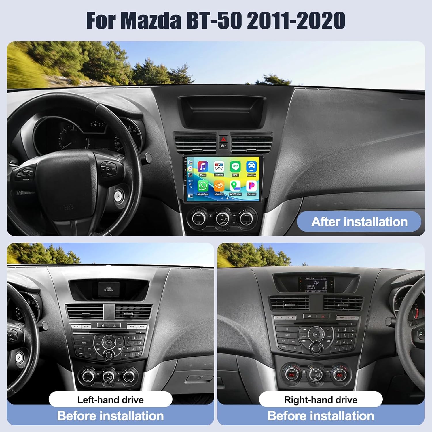 Before and after installation of SIXWIN Android Car Stereo in a Mazda BT-50 dashboard.