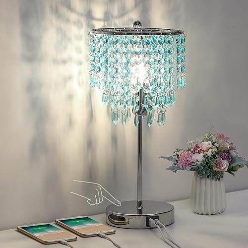 Lámpara de mesa de cristal con control táctil, doble USB para dormitorio, lámpara de mesita de noche regulable de 3 vías con elegante pantalla verde