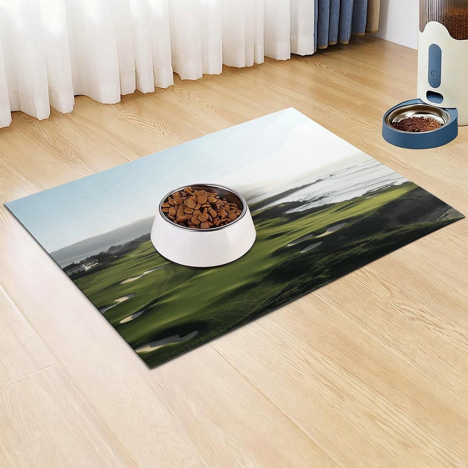 Tapis de nourriture pour chat et terrain de golf en bord de mer – Tapis d'alimentation antidérapant pour chien facile à nettoyer pour la nourriture et l'eau, tapis de gamelle pour chien et chat, 61 x