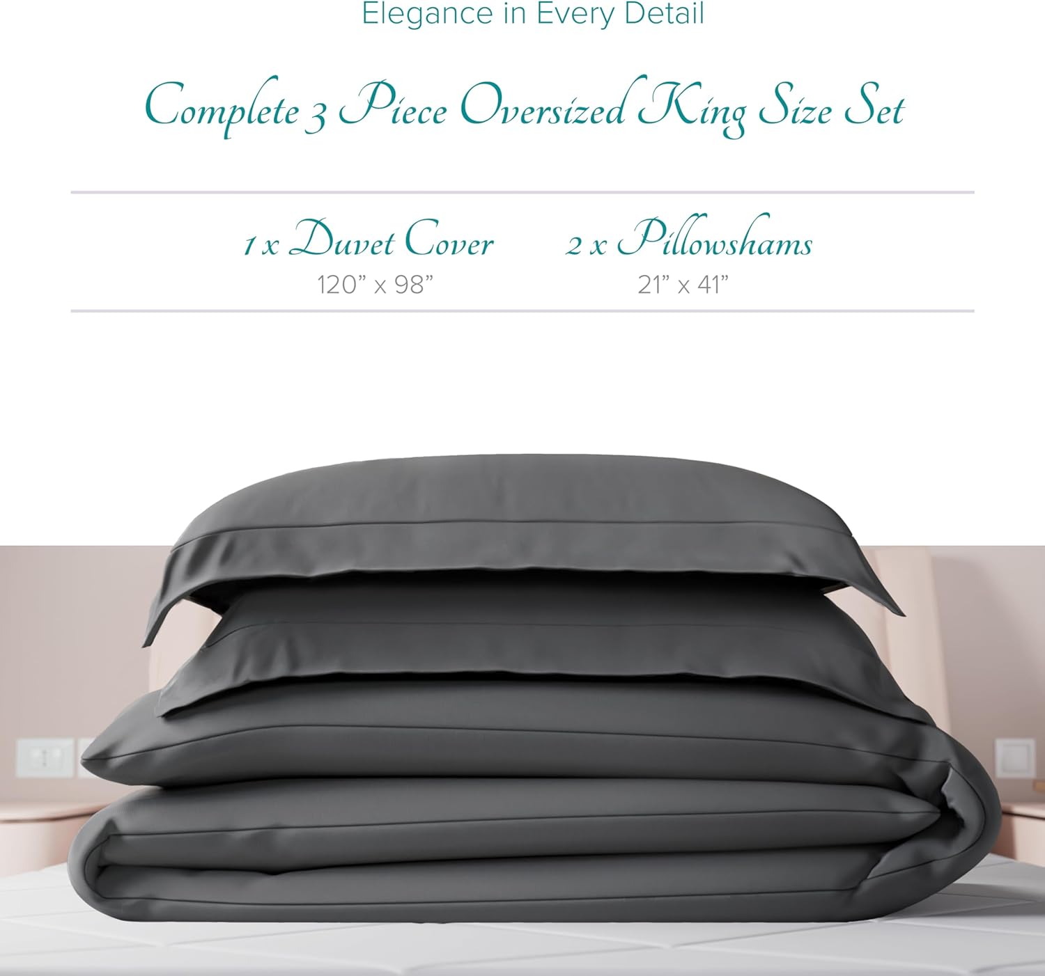 Carressa Linen 100% Egyptian Cotton Duvet Cover Oversized King Size - 800 Thread Count 3 PC Duvet Cover, Extra Long Staple Cotton Quilt Cover, Soft, Breathable with Hidden Zipper Closure - Dark Grey - Image 3