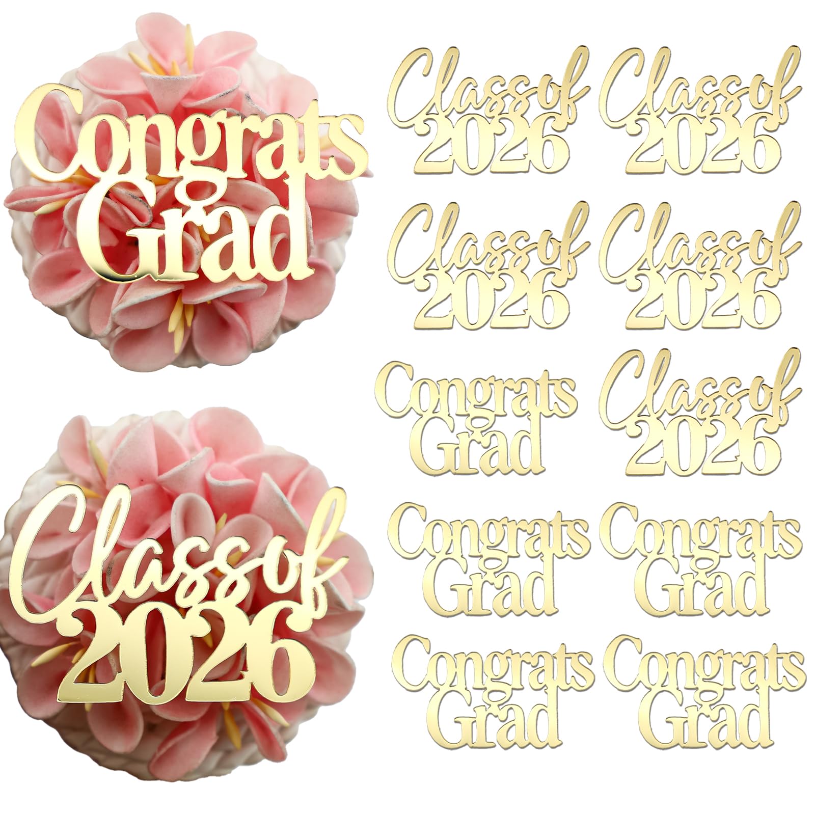 10 Pieces Class of 2026 and Congrats Grad Cupcake Toppers, Gold Mirror Acrylic, Graduation Party Decorations