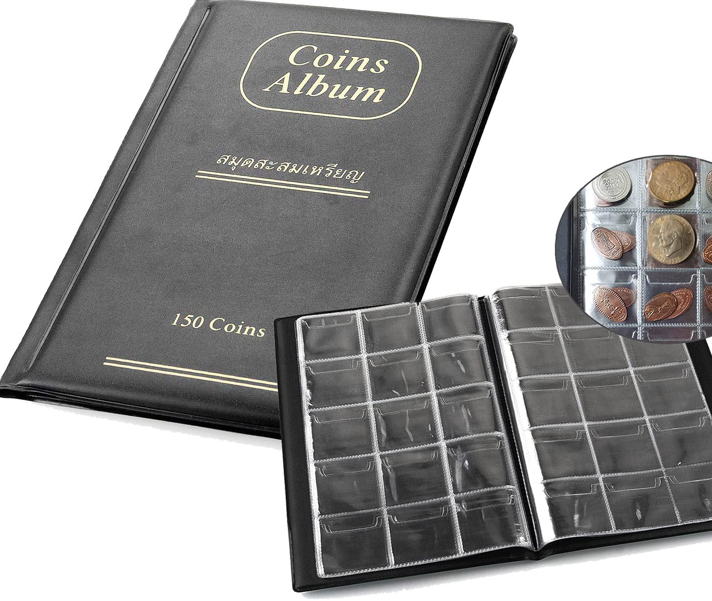 MAKINGTEC Coin Collection Book,150 Pockets Coin Album, Coin Holders for Collectors, 1.77 x 1.77 Inch Clear Pockets with Flap, Souvenir Penny Book Perfect for Pressed Penny Coin