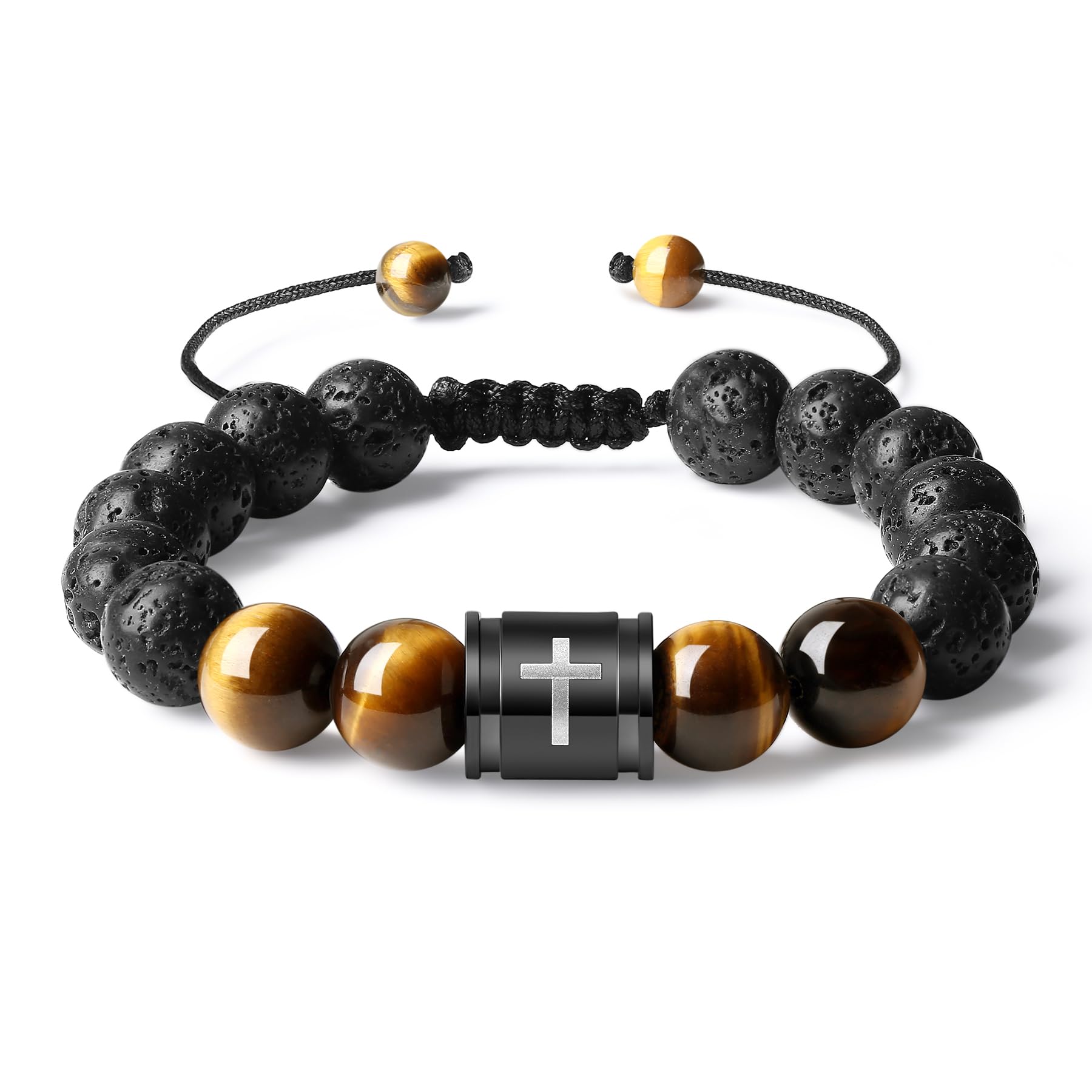 Bible Verse Cross Bracelets for Men Handmade 10mm Natural Black Onyx, Lava Rock Stone, Tiger Eyes and Black Matte Agate Bead Braided Rope Meaningful Gifts Bracelet for Men Father Boyfriends Husband