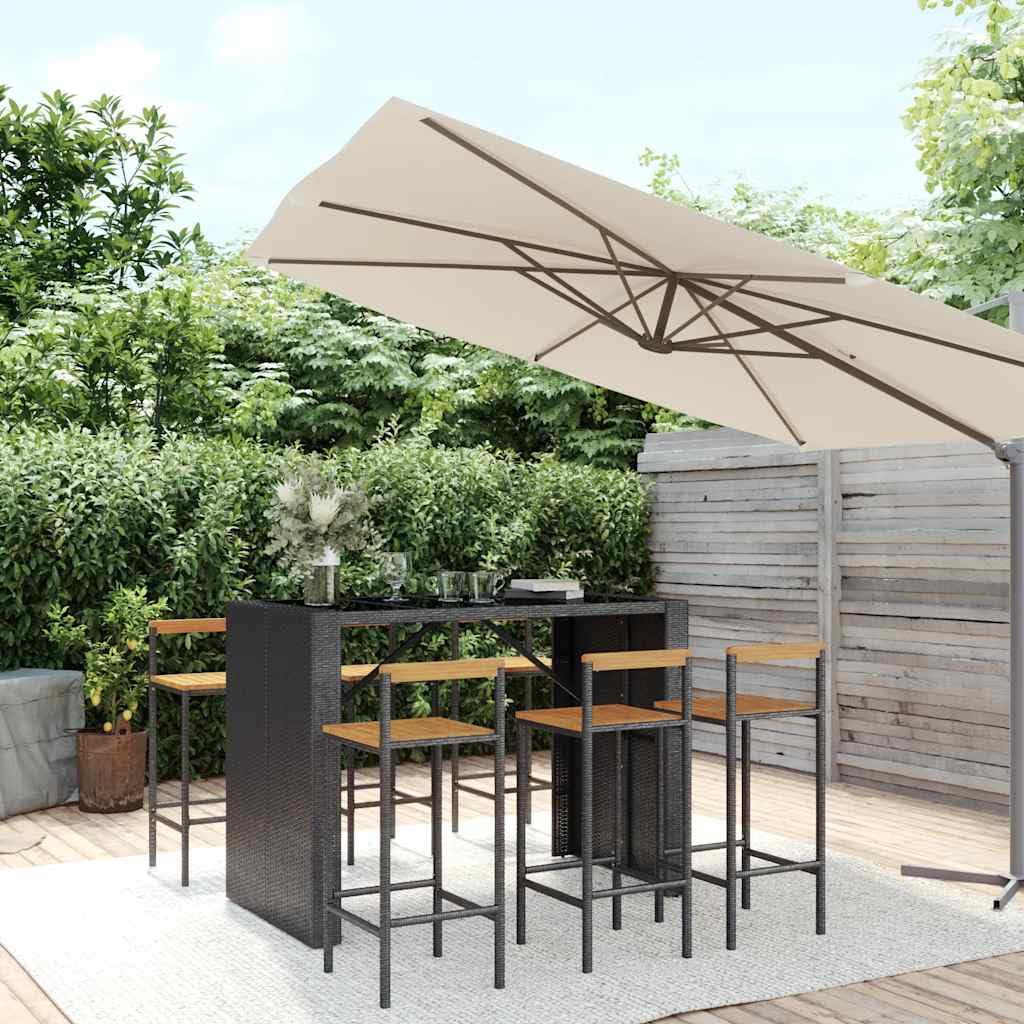 Juego de Bar jardín 7 Piezas con Mesa y 6 taburetes en Madera Acacia y ratán PE Negro, Estructura Acero Resistente para terraza, Patio, balcón y Ocio al Aire Libre