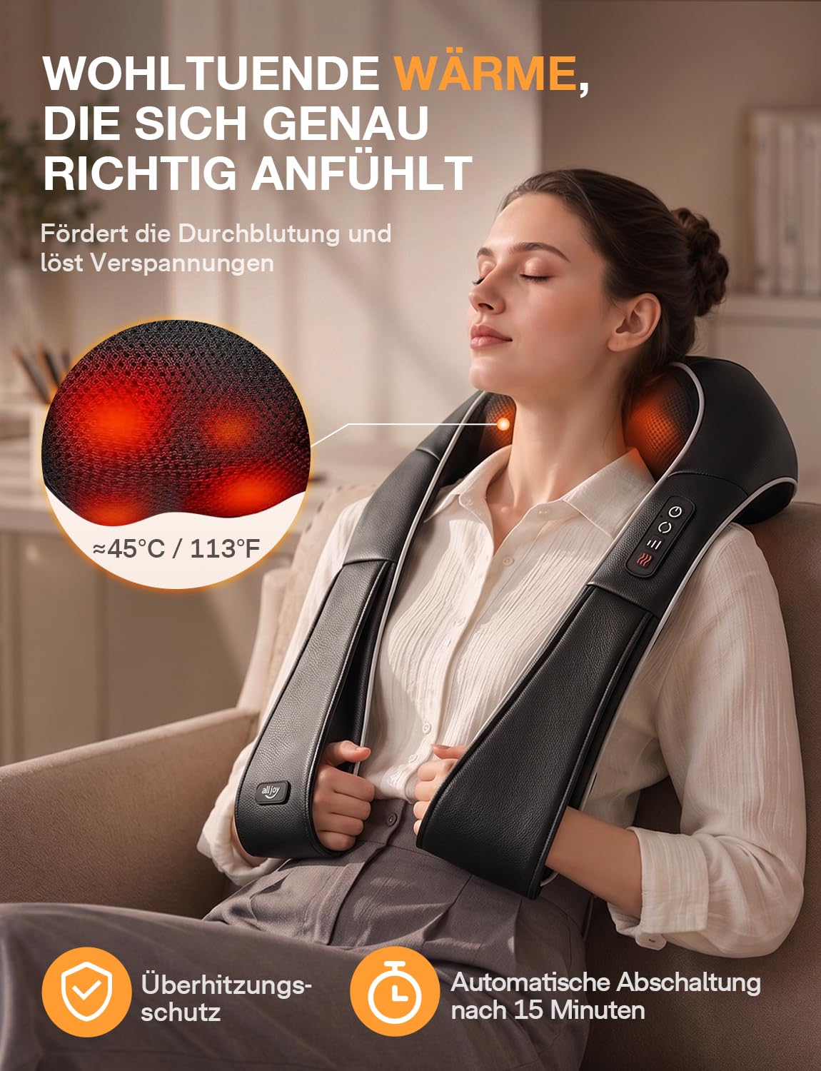 ALLJOY Nackenmassagegerät mit Wärme,Nacken- und Schultermassagegerät | 8 Shiatsu-Massageknoten, 3 Geschwindigkeitsstufen, 15-minütige Auto-Abschaltung, Geschenk für Männer & Frauen