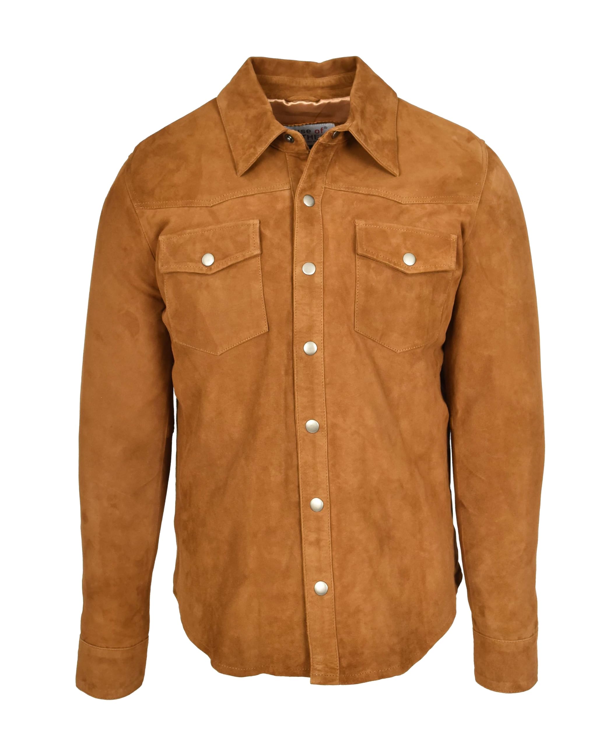 House Of Leather Men's Cognac Classic Western Suede Shirt Jacket Real Goat Leather Trucker Style Oliver (Uk, Alpha, Xl, Regular, Regular, )