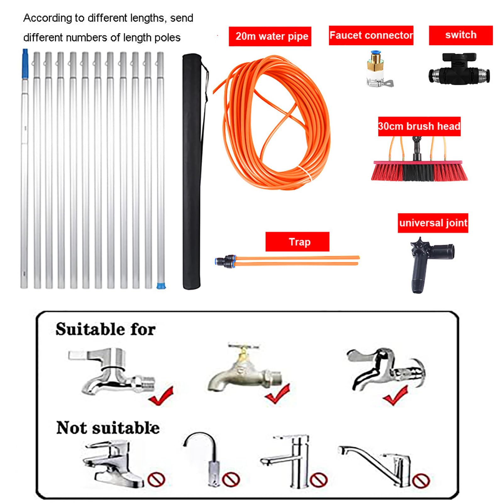 Kit de limpieza de paneles solares de 30/50 cm, limpiador de techo retráctil con spray de agua, cepillo giratorio de 180°, manguera de 20 m y limpiador de 35 cm para un mantenimiento solar eficiente